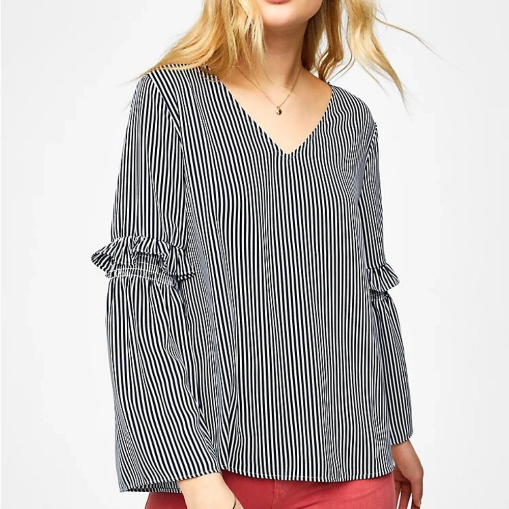 Loft‎ S Women's Blue White Striped V Neck Ruffle Bell Sleeve Blouse Top